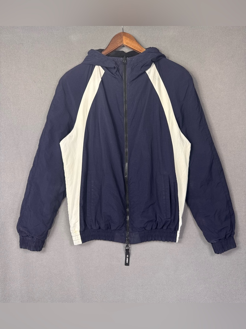 Yves Salomon Reversible Navy Hooded Windbreaker, Lamb Leather Bomber Jacket, 38